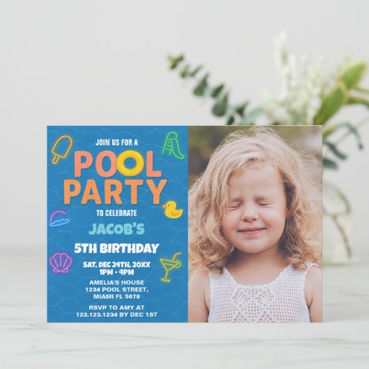 Neon Pool Feest Verjaardagsuitnodiging met foto Kaart (Staand voorkant)