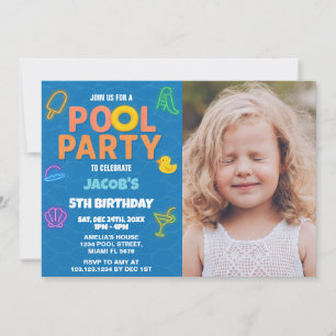 Neon Pool Feest Verjaardagsuitnodiging met foto Kaart
