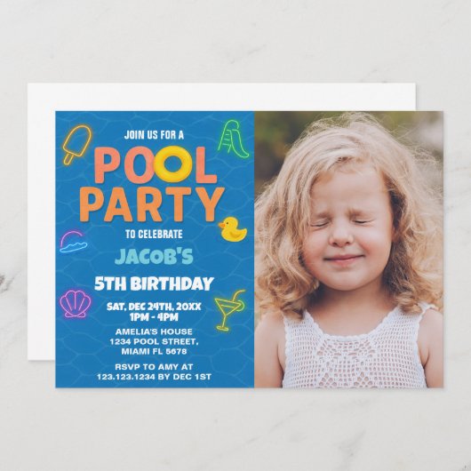 Neon Pool Party Anniversaire Invitation avec photo (Devant / Derrière)