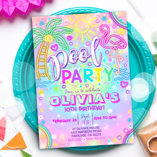 Neon Pool Party uitnodiging Flamingo Pool