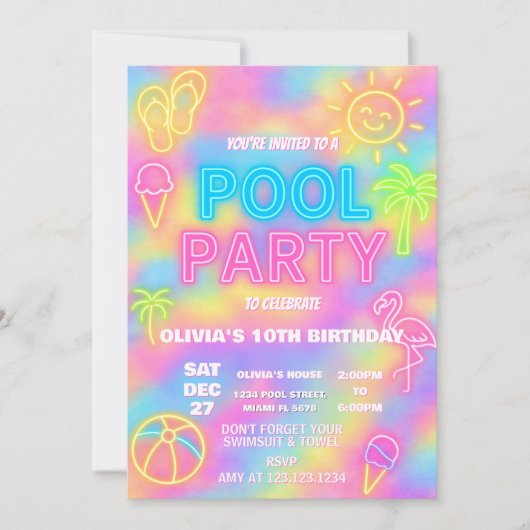 Neon Pool verjaardagsfeestje uitnodiging (Voorkant)