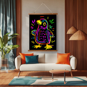 Neon Pop Art Pinguïn: Leuke en Kleurrijke Kunst Hangend Wandkleed