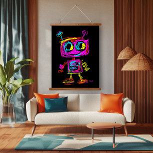 Neon Pop Art Robot: Speels en Futuristisch Hangend Wandkleed