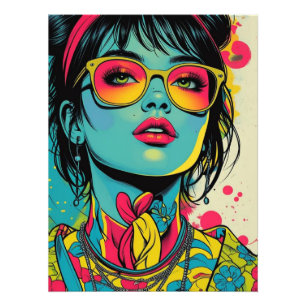 Neon Pop Diva Portrait – Bold & Vibrant Retro Art Foto Afdruk