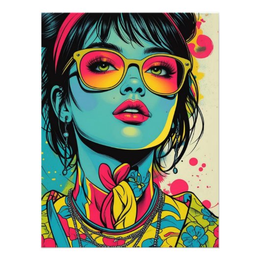Neon Pop Diva Portrait – Bold & Vibrant Retro Art Foto Afdruk (Voorkant)