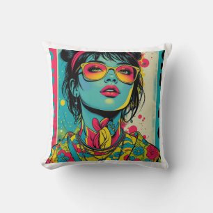 Neon Pop Diva Portrait – Bold & Vibrant Retro Art Kussen
