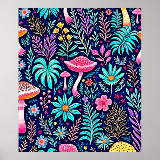 Neon Psychedelic Mushroom Forest Dream Poster (Voorkant)