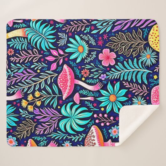 Neon Psychedelic Mushroom Forest Dream Sherpa Deken (Voorkant (horizontaal))