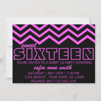 Neon Purple et Black Chevron Sweet 16 Invitation