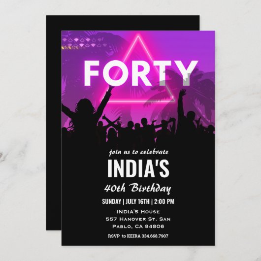 Neon Quarante 40e Invitation anniversaire (Devant / Derrière)