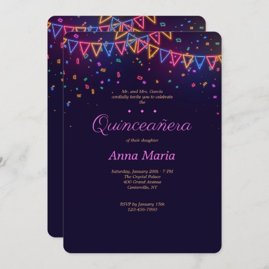 Neon Quinceañera Invitation (Devant / Derrière)