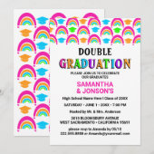 Neon Rainbow Double Graduation Party Uitnodigingen (Voorkant / Achterkant)