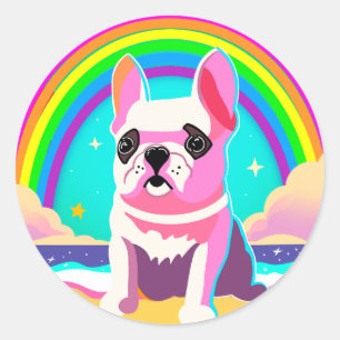 Neon Rainbow Frenchie Retro Verjaardag Ronde Sticker