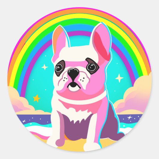 Neon Rainbow Frenchie Retro Verjaardag Ronde Sticker (Voorkant)
