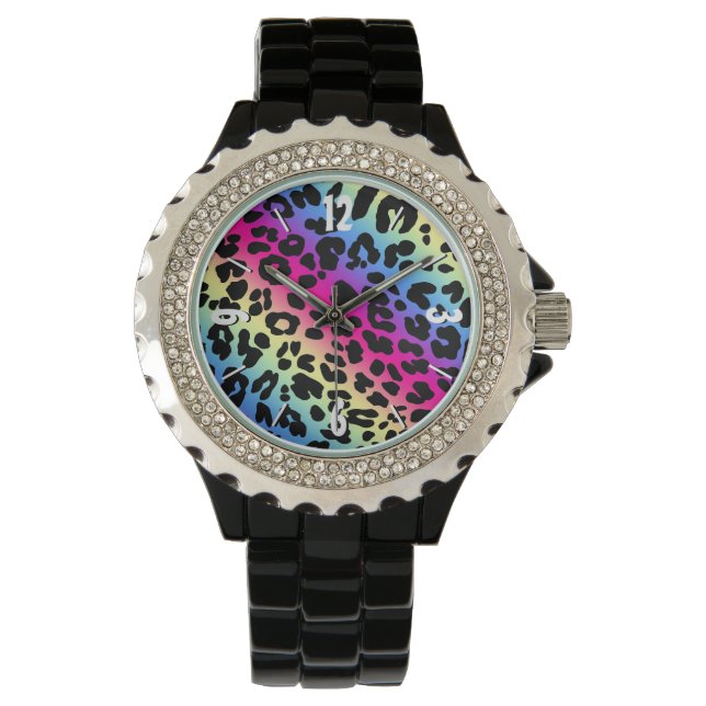 Neon Rainbow Leopard Pattern Print Horloge (Voorkant)
