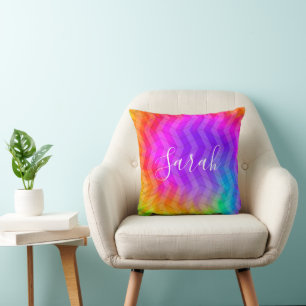 Neon Rainbow Tie Dye Herringbone Monogram Naam Kussen