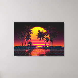 Neon Raster Palm Zonsondergang Canvas Afdruk