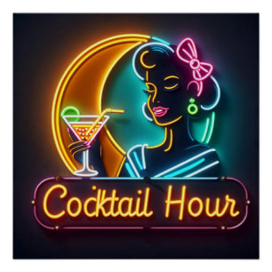 Neon reclamebord Mid Century Cocktailuur Vrouw Perfect Poster
