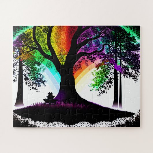 Neon regenboog boom silhouet droom legpuzzel (Horizontaal)
