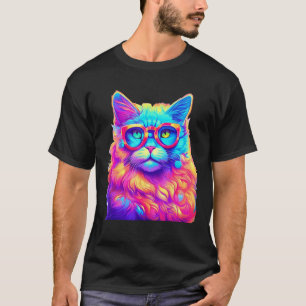 Neon Regenboog Kat Draagt Bril Abstract Helder P T-shirt
