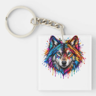 Neon Regenboog Wolfskop – Kleurrijke Spatart Sleutelhanger