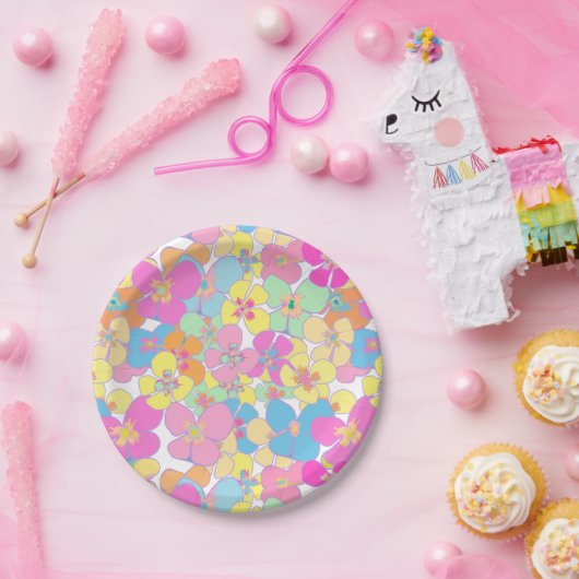 Neon Retro Bloemen Roze Kleurrijk Papieren Bordje (Feest)