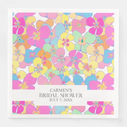 Neon Retro Bloemendesign Roze Bruiloft Servet (Voorkant)