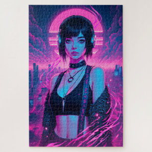 Neon Retro Cyber Punk Rock Girl Poster Legpuzzel