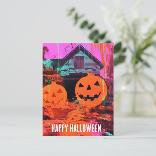 Neon Retro Haunted Halloween House Briefkaart (Staand voorkant)