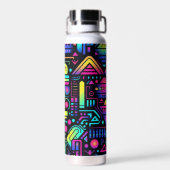 Neon Retro Tech Pattern Water Bottle or Tumbler Waterfles (Achterkant)