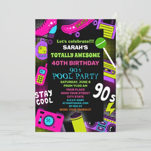 Neon Retro Terug naar de jaren 90 Verjaardags Pool Kaart (Staand voorkant)