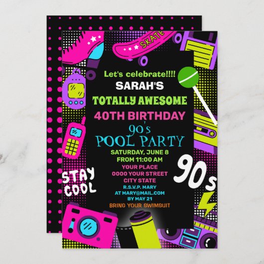 Neon Retro Terug naar de jaren 90 Verjaardags Pool Kaart (Voorkant / Achterkant)