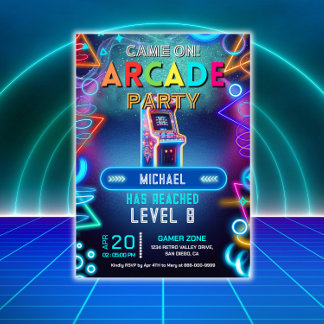 Neon retro video arcade gaming verjaardagsfeest kaart
