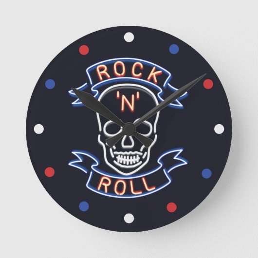 Neon Rock N Roll Skull Red Blue Wall klok (Voorkant)