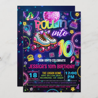 Neon Roller Schaats 10e verjaardag Uitnodiging