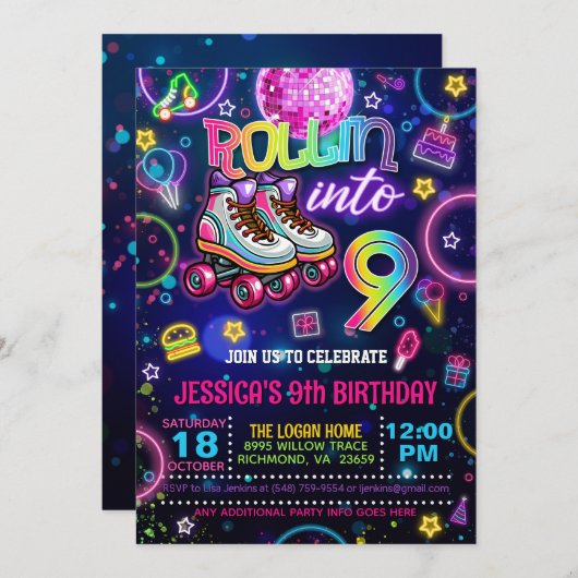 Neon Roller Schaats 9e verjaardag Uitnodiging (Voorkant / Achterkant)