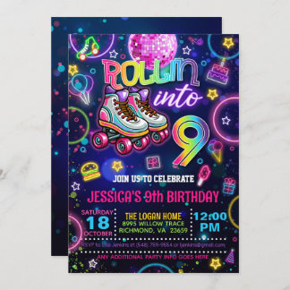 Neon Roller Schaats 9e verjaardag Uitnodiging