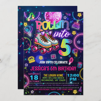 Neon Roller Skate 5e Invitation anniversaire