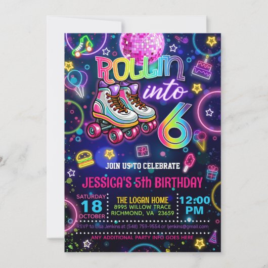 Neon Roller Skate 6e Invitation anniversaire (Devant)