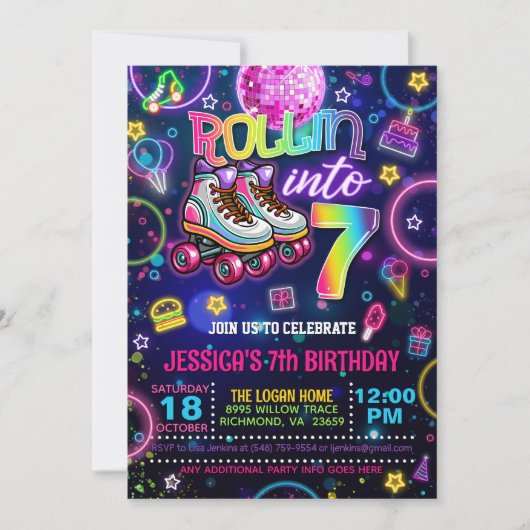 Neon Roller Skate 7e Invitation anniversaire (Devant)