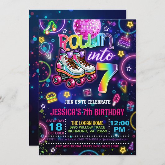 Neon Roller Skate 7e Invitation anniversaire (Devant / Derrière)