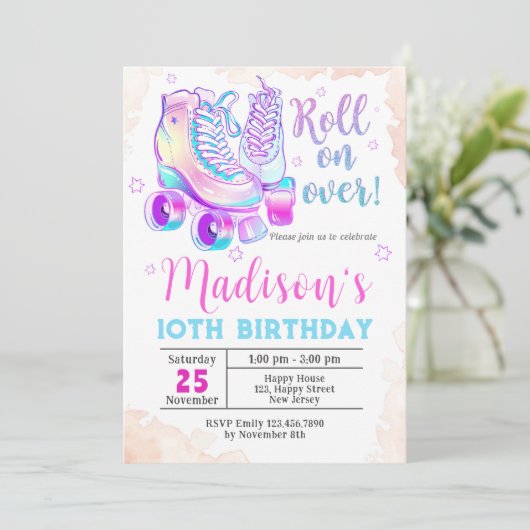 Neon Rollerskating Birthday Uitnodiging (Staand voorkant)
