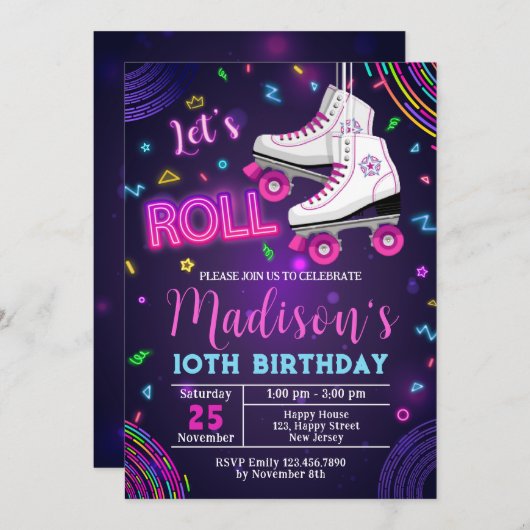 Neon Rollerskating Invitation Anniversaire (Devant / Derrière)
