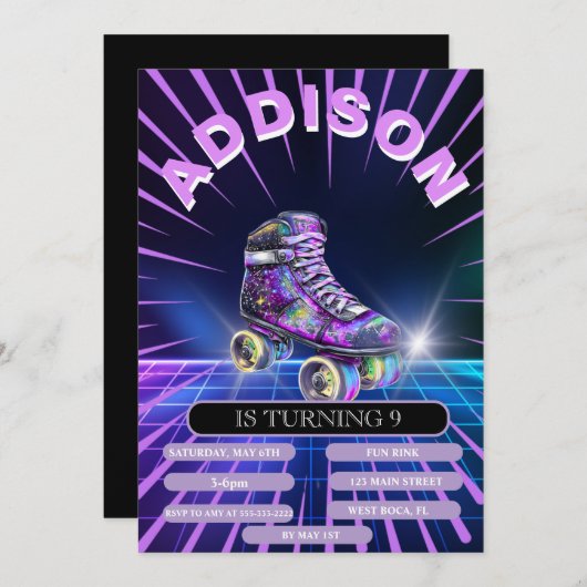 Neon Rolschaatsen Party uitnodiging (Voorkant / Achterkant)