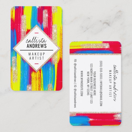Neon Rood Blauw Geel Goud Glitter Paint Make-up Visitekaartje (Voorkant / Achterkant)