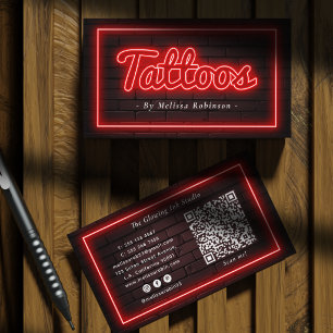 Neon Rood & Donkere Bakstenen Muur Tatoeagekunsten Visitekaartje