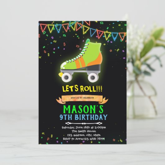 Neon roulette roller thème anniversaire invitation (Debout devant)