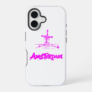 Neon Roze Amsterdam Molen Schets Modern Zwart iPhone 16 Hoesje