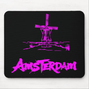 Neon Roze Amsterdam Molen Schets Modern Zwart Muismat