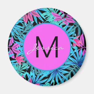 Neon Roze Blauwe Tropische Plantenpatroon Persoonl Magneet
